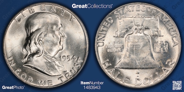 Side-by-side comparison of standard 1954 Franklin Half Dollar versus the Bugs Bunny FS-401 die clash variety showing raised marks on Franklin's upper lip