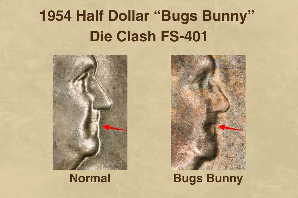 Close-up of 1954 Franklin Half Dollar Bugs Bunny FS-401 die clash showing raised lines on Franklin's upper lip resembling buck teeth