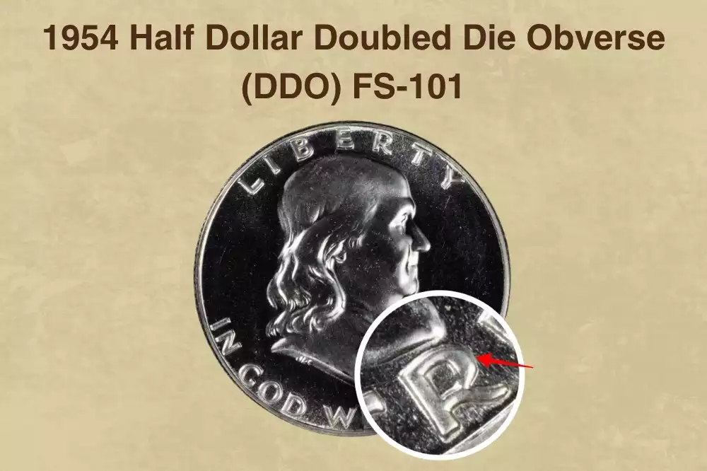 Close-up of 1954 proof Franklin Half Dollar showing doubled die obverse (FS-101) doubling on date and lettering area