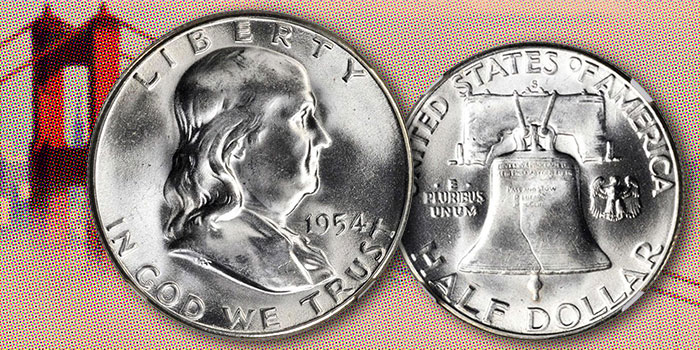 Group of 1954 Franklin Half Dollar specimens from Philadelphia, Denver, and San Francisco mints arranged to show mint mark differences